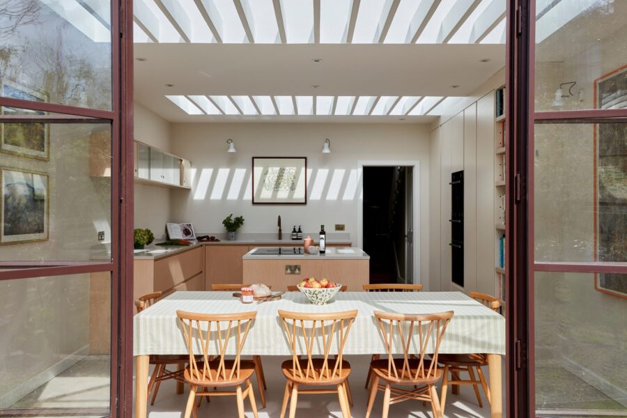 Kitchen with slatted skylight and crittall doors